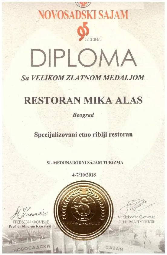 Diploma sa Velikom zlatnom medaljom, 51. Međunarodni sajam turizma, Novi Sad 2018.