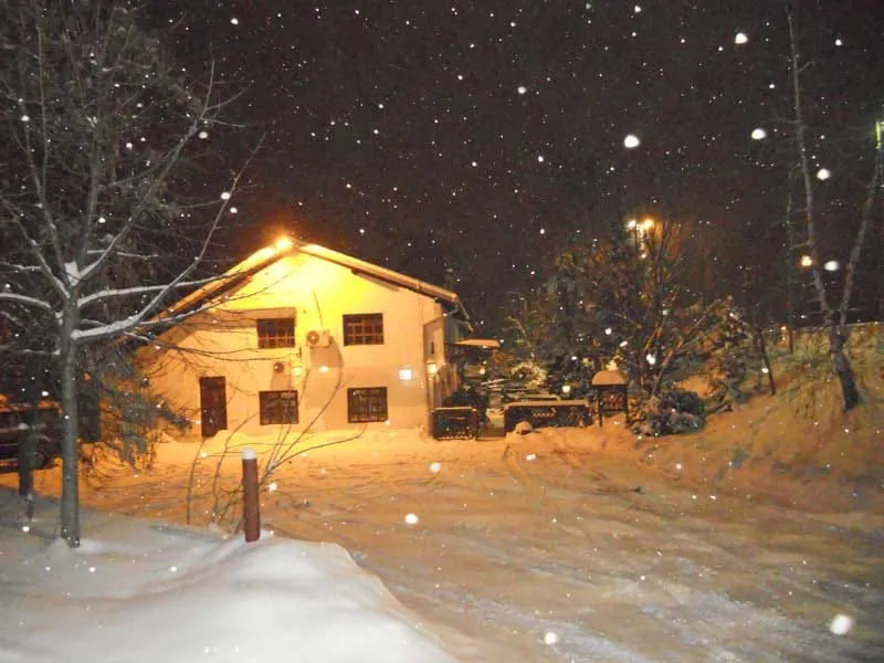 Osvetljena kuća restorana u snegu